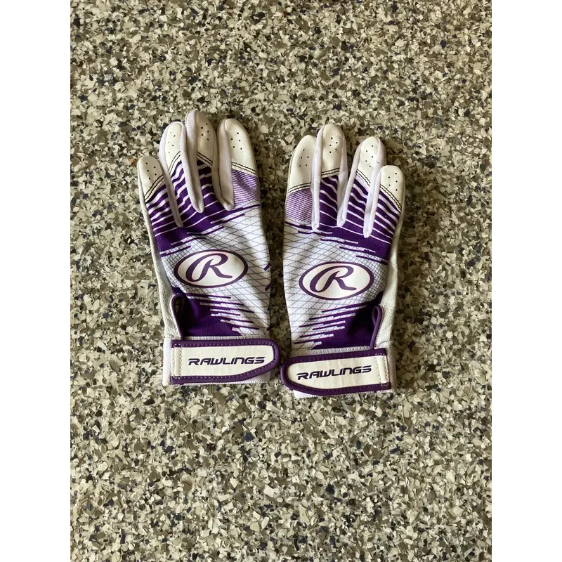 Purple and white youth medium rawlings batting gloves