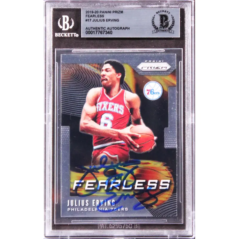 76ers Julius Erving Signed 2019 Panini Prizm Fearless #17 Card BAS Slabbed
