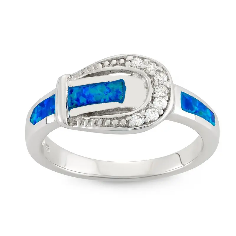 Sterling Silver Blue Inlay Opal and CZ Buckle Ring