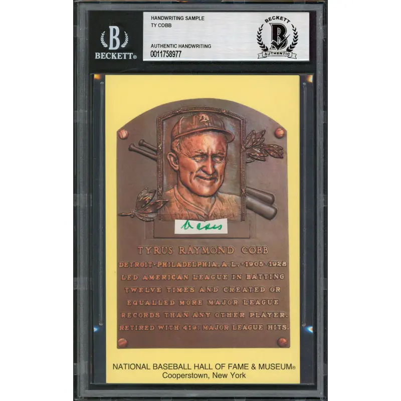 Tigers Ty Cobb Writing Sample 3.5x5.5 HOF Plaque Postcard BAS Slabbed 5
