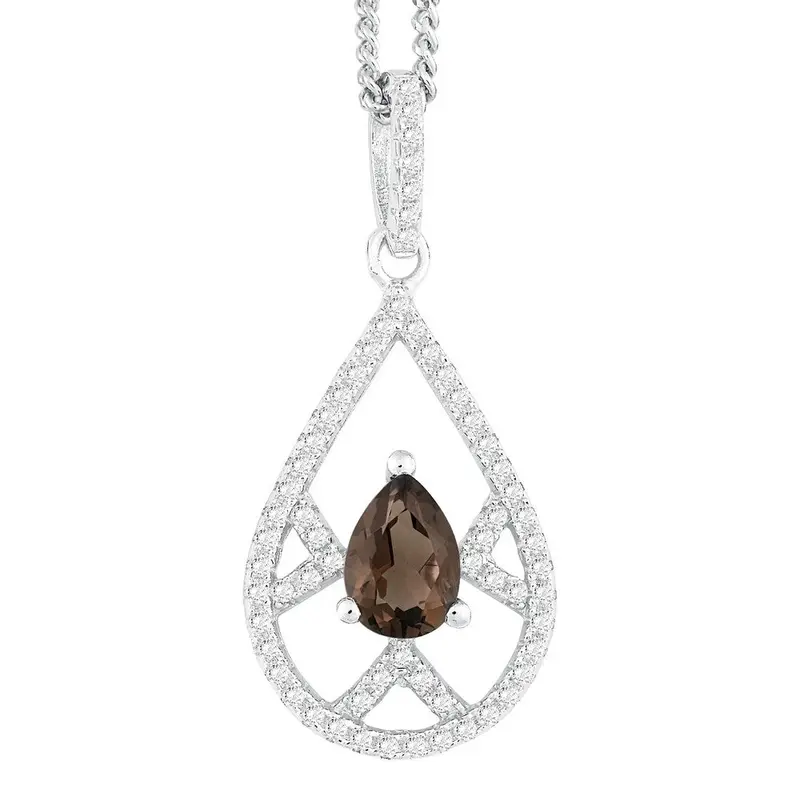 Sterling Silver .69 Pear Smoky Quartz with .504 ct White Topaz Necklace