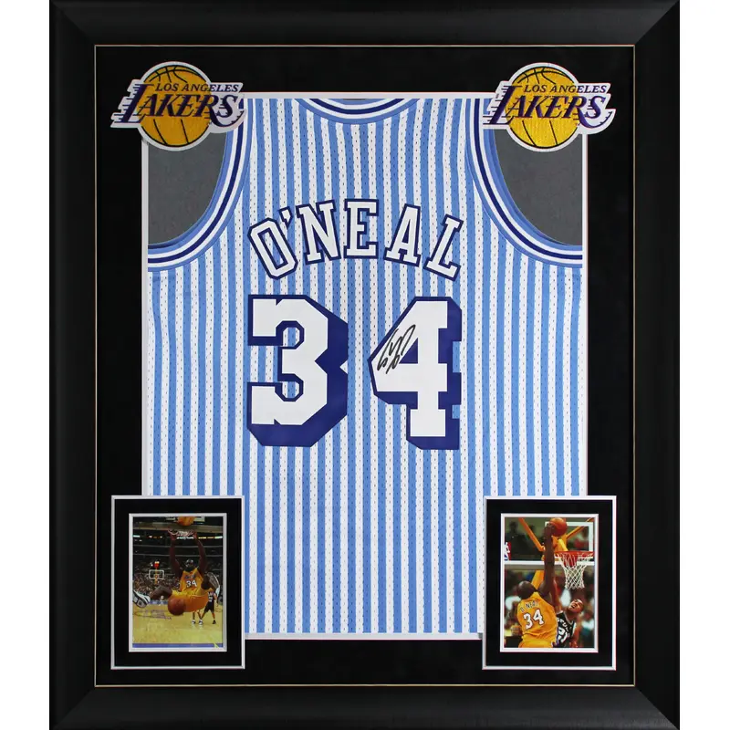 Shaquille O'Neal Signed B&W Striped 1996-97 M&N HWC Swingman Framed Jersey BAS W
