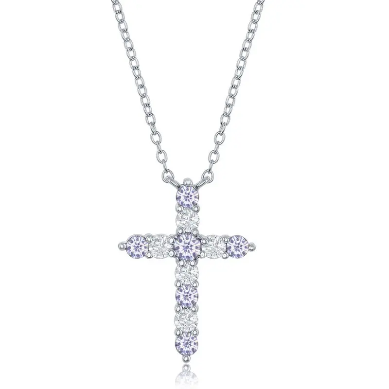 Sterling Silver Lavender CZ 'June Birthstone' Cross Necklace