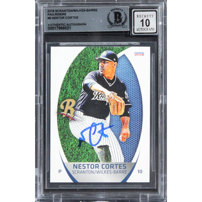 Yankees Nestor Cortes Signed 2018 Scranton/WB Rail #8 RC Card Auto 10! BAS Slab