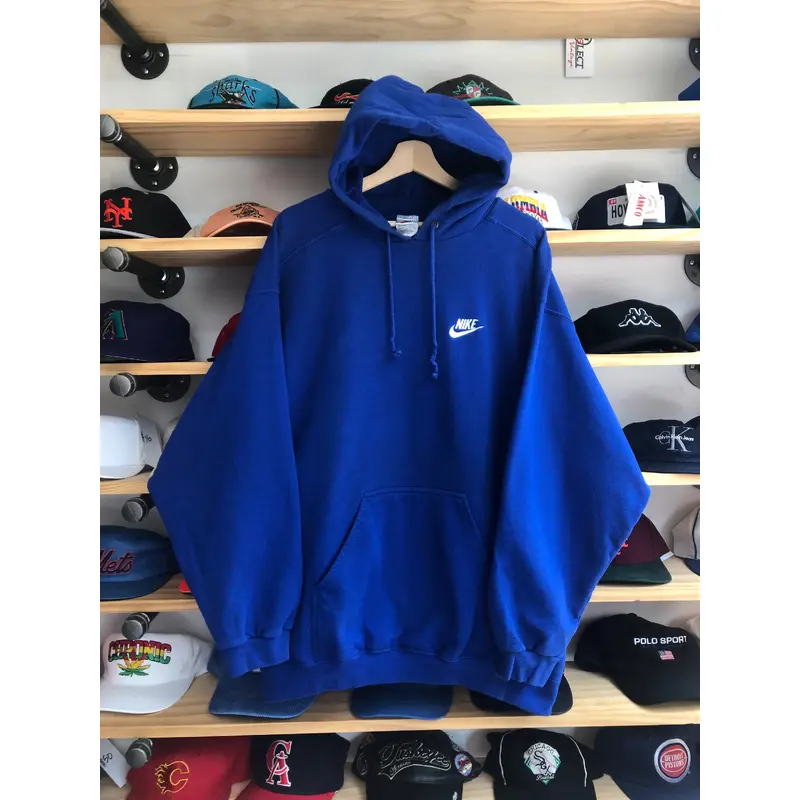 Vintage Nike Mini Logo Pullover Blue Hoodie Size Large