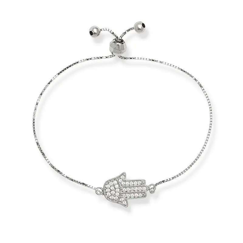 Sterling Silver Box Chain with Center CZ Hamsa with Beads Adjustable Bolo Bracelet