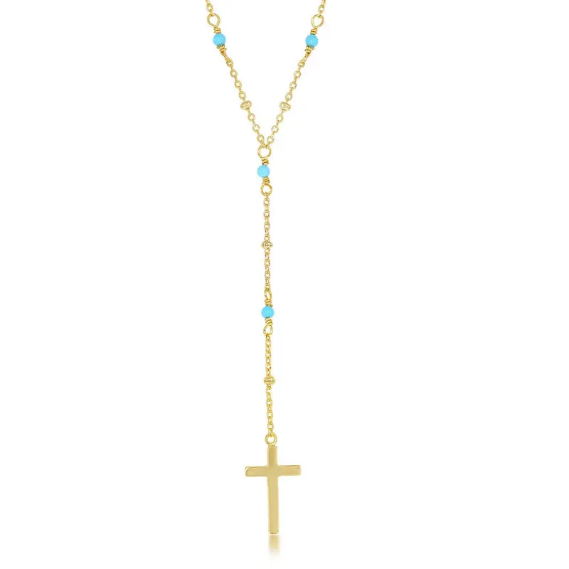 Sterling Silver Turquoise & Plain Beads by the Yard Cross Neckalce - Gold Plated