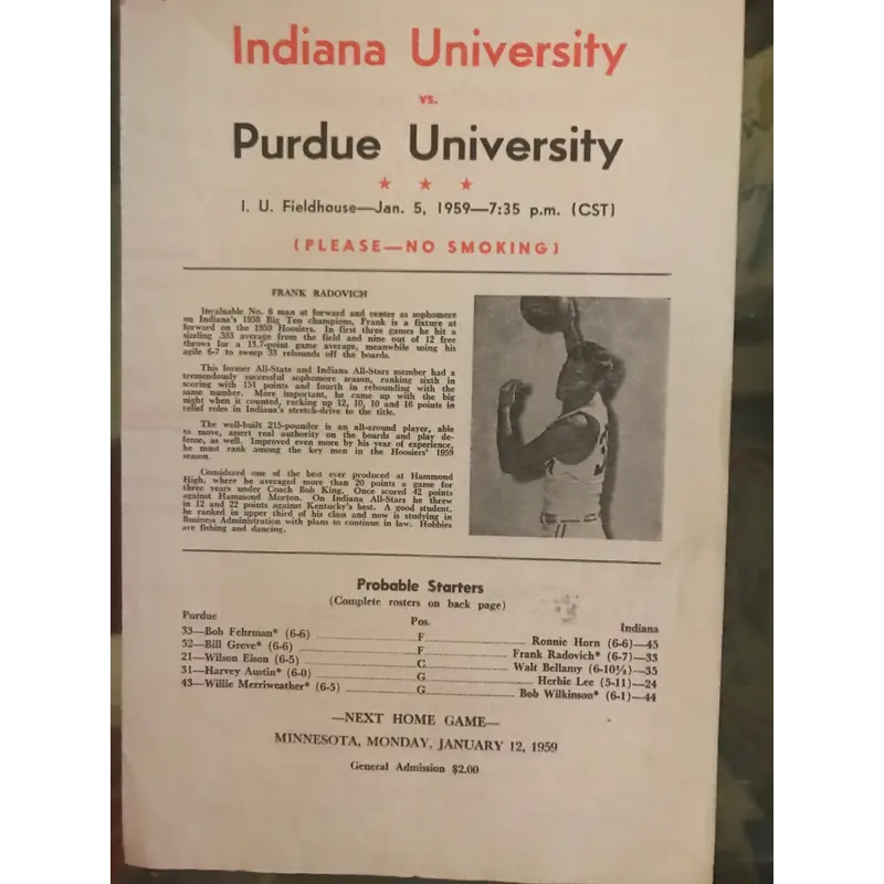 1959 Indiana University vs Purdue University Basketball Program
