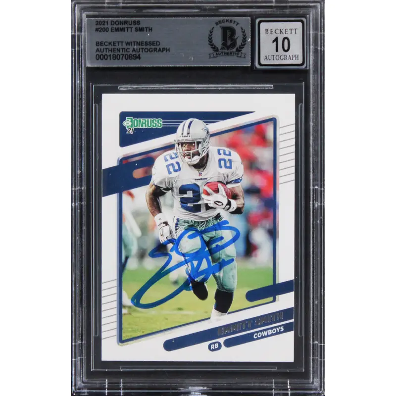 Cowboys Emmitt Smith Signed 2021 Donruss #200 Card Auto Graded 10! BAS Slabbed
