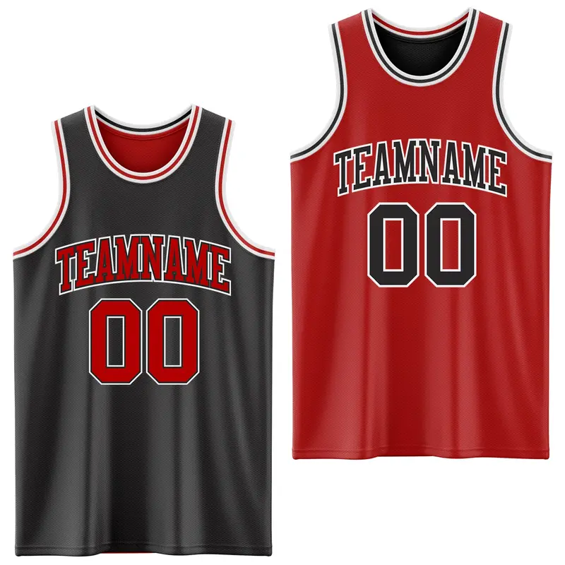Custom Reversible Black Red-White Double Side Sublimation Basketball Suit Jersey