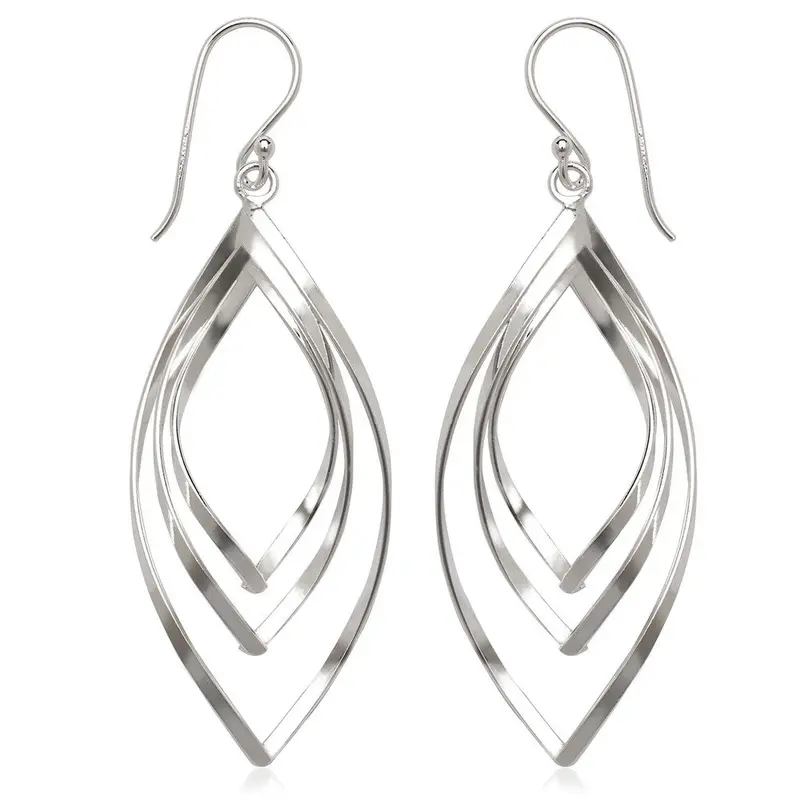 Sterling Silver Large Open Triple Wavy Marquise Earrings