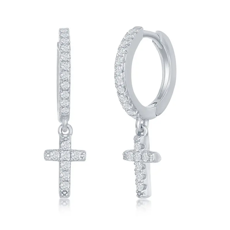 Sterling Silver, Small Huggie Hoop CZ Cross Earrings