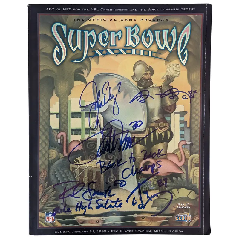 (5) Elway, Davis, Smith, McCaffrey & Sharpe Signed SB XXXIII Program BAS Wit 2