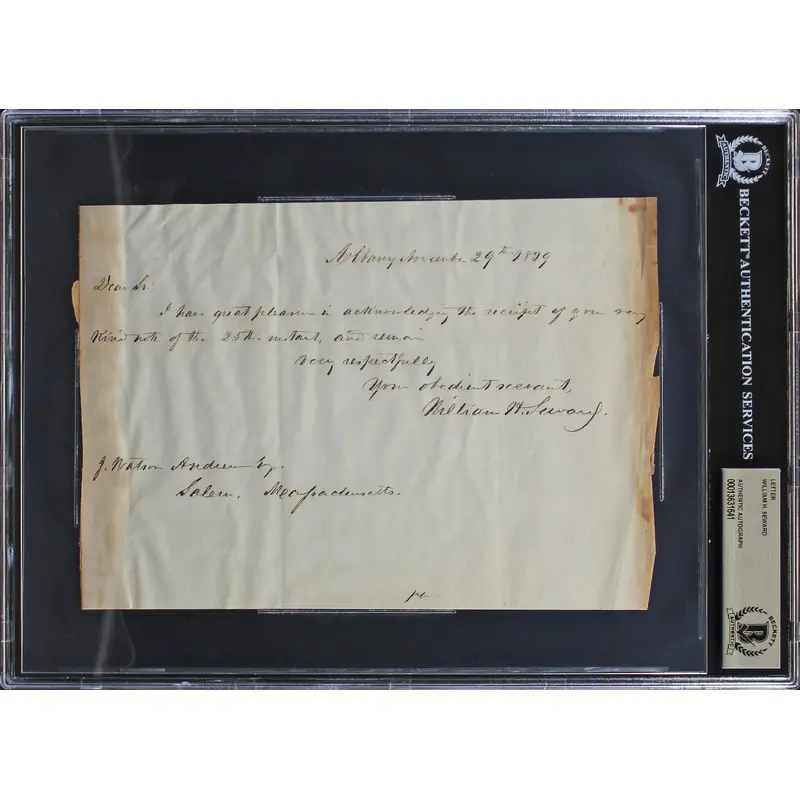 William H. Seward Authentic Signed 6x8.5 1839 Letter Autographed BAS Slabbed