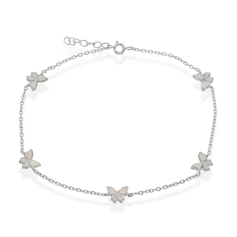 Sterling Silver, Butterfly Anklet - White Opal