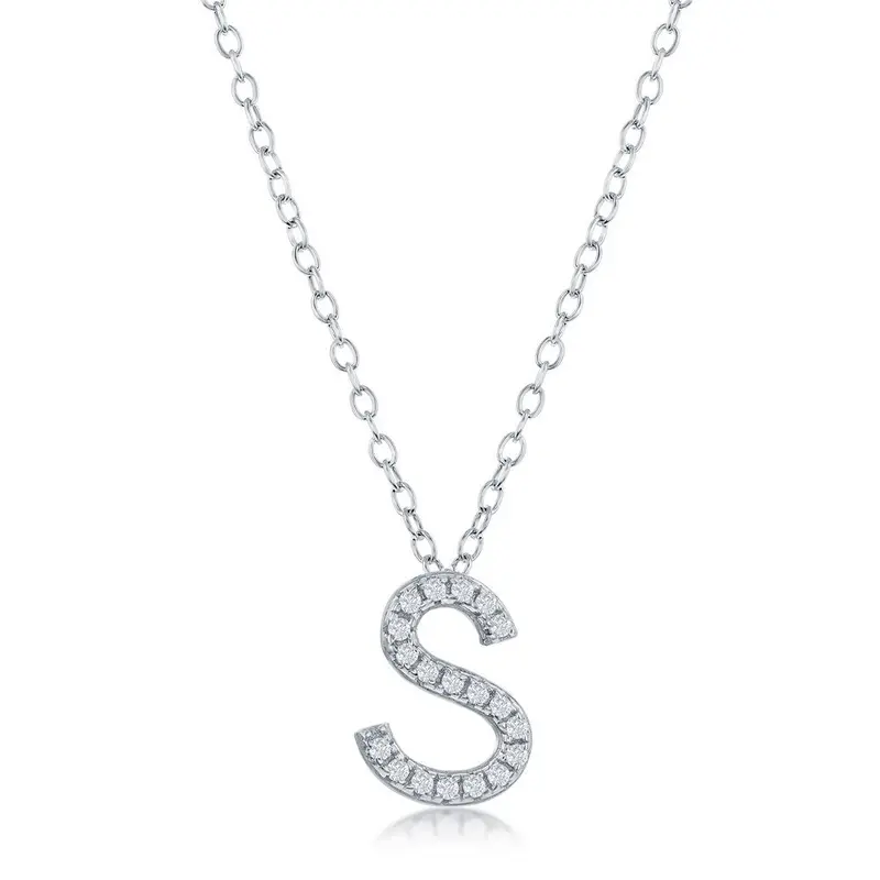 Sterling Silver Micro Pave "S" Pendant Necklace
