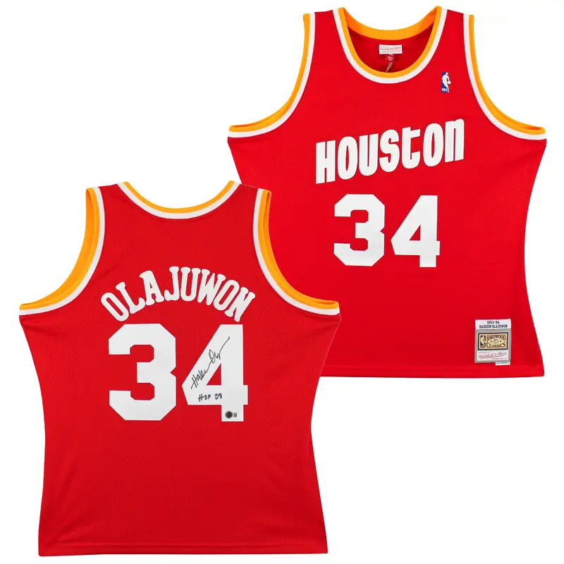 Rockets Hakeem Olajuwon "HOF 08" Signed 1993-94 Red M&N Swingman Jersey BAS Wit