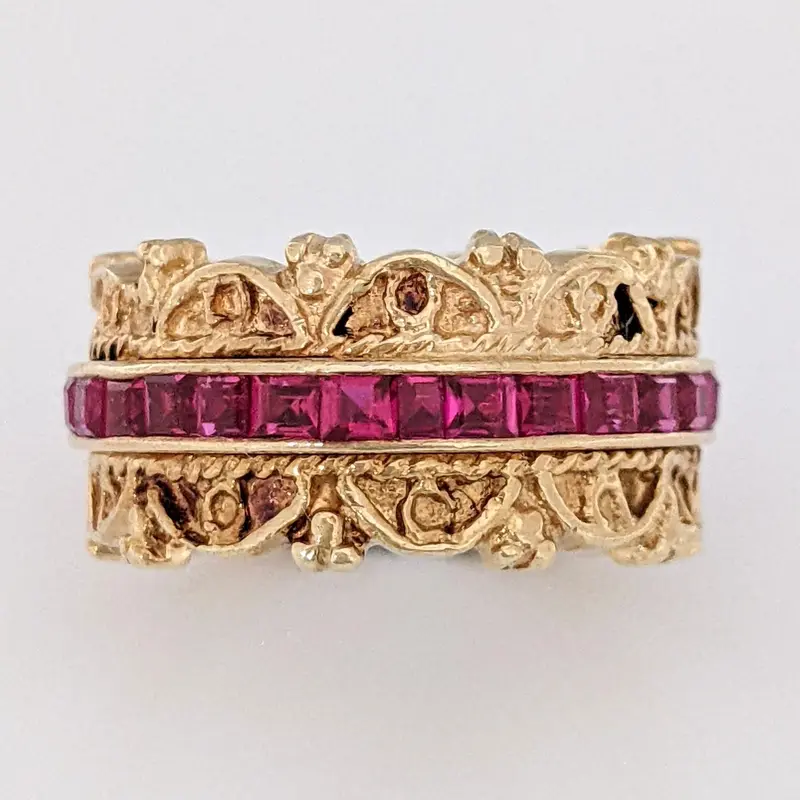 14K RUBY PRINCESS CUT (29) 2MM FANCY ETERNITY ESTATE BAND 9.2 GRAMS