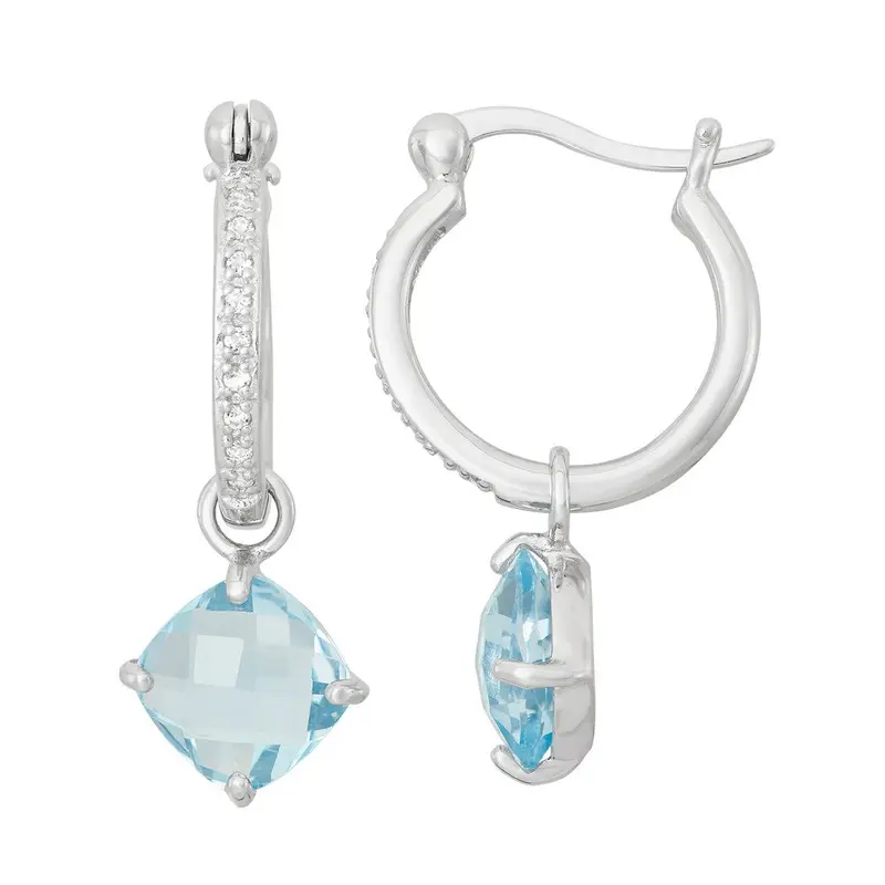 Sterling Silver Hanging Square Blue Topaz on Dime Sized Hoop Earrings