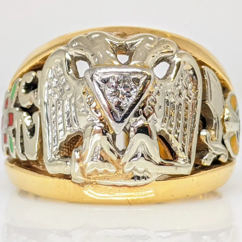 14K .09 CARAT TOTAL VS2 H DIAMOND ROUND MASONIC ESTATE RING 12.4 GRAMS