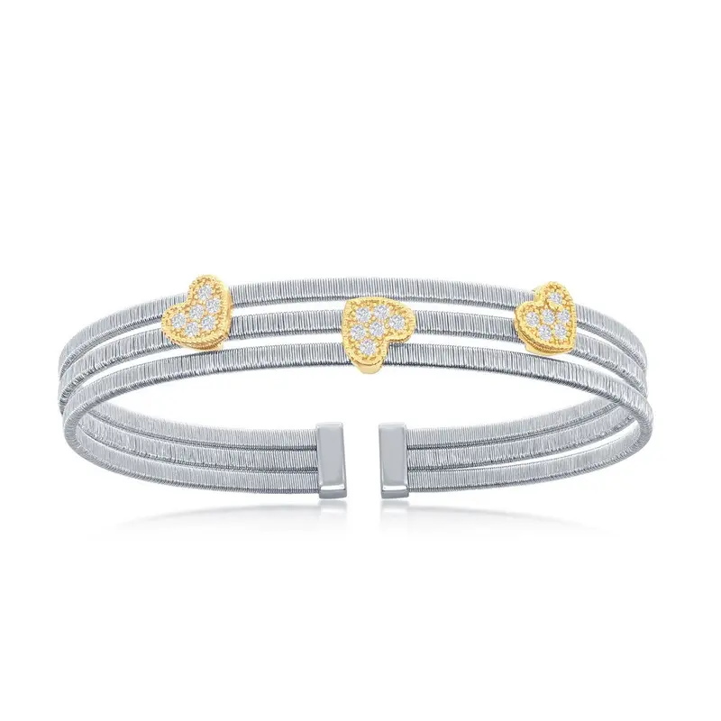 Sterling Silver CZ Heart Triple Wire Bangle, Bonded with 14K Gold Plating