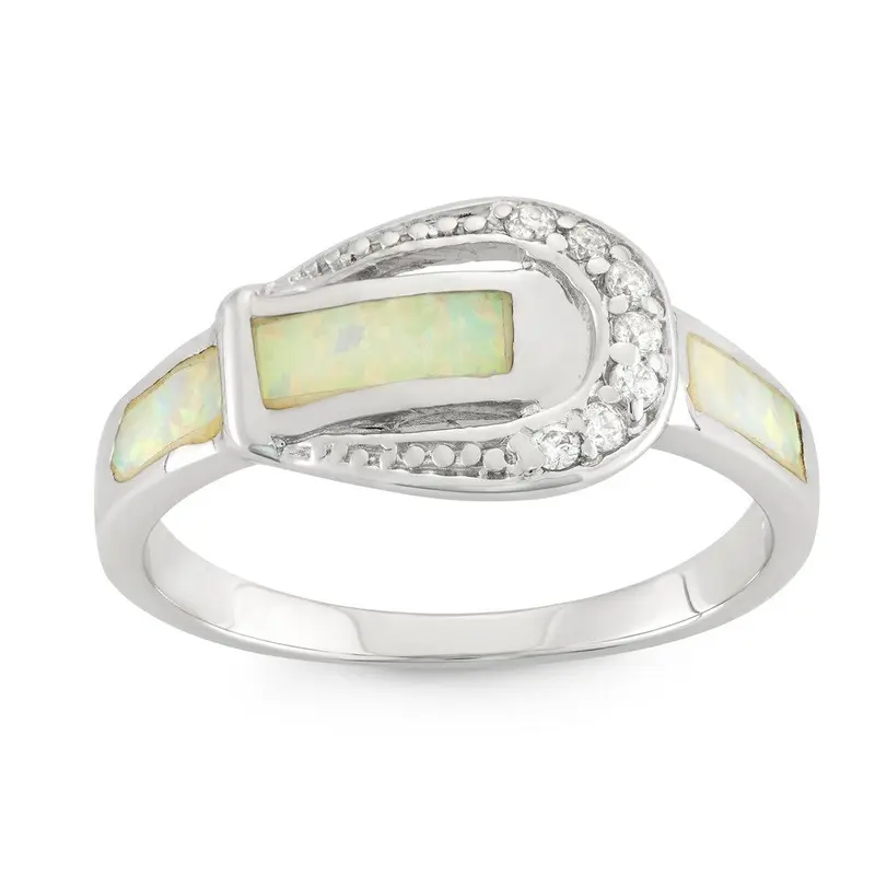 Sterling Silver White Inlay Opal and CZ Buckle Ring