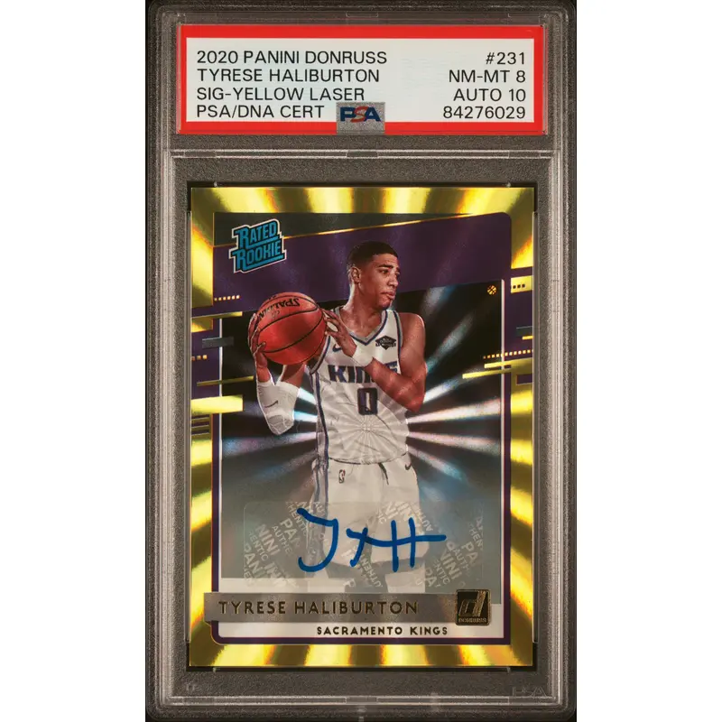 Tyrese Haliburton 2020 Donruss Yellow Laser Auto PSA 8 Auto 10