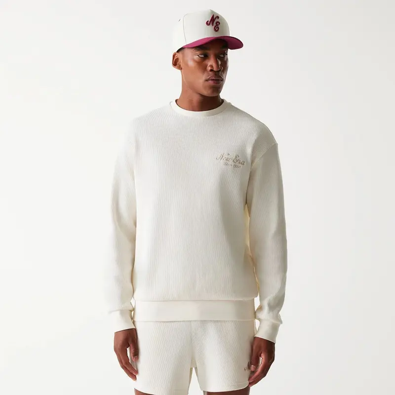 New Era Waffle Open White Oversized Crew Neck Sweater