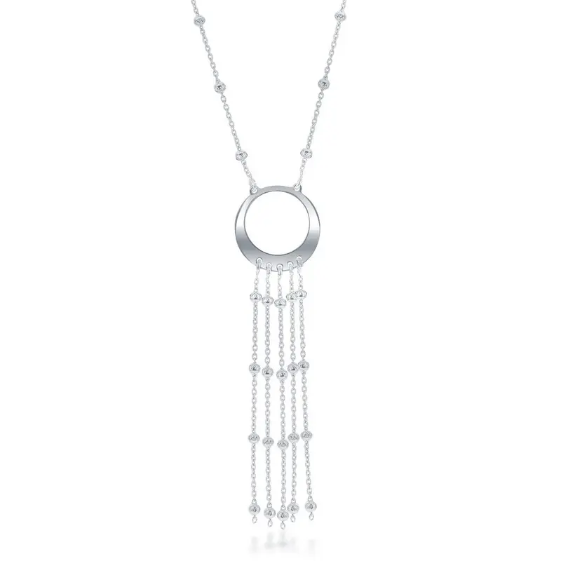 Sterling Silver Tasseled Open Circle Diamond Cut Beaded Necklace