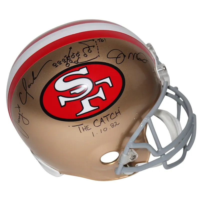 Joe Montana & Dwight Clark Signed F/S Rep Helmet W/ Hand Drawn Play BAS Witness