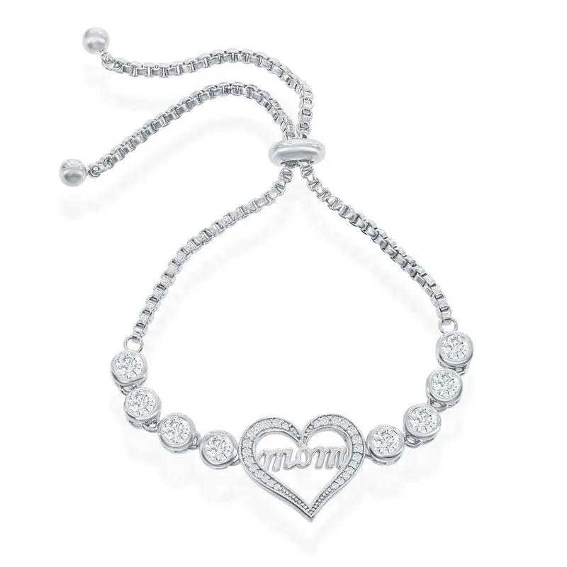 Sterling Silver Center 'Mom' Heart with Linked Bezel CZ's Adjustable Bolo Bracelet