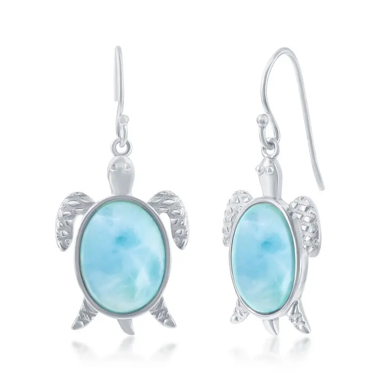 Sterling Silver, Oval 'Premium Larimar' Turtle Earrings