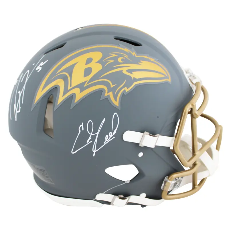 Ravens Ray Lewis & Ed Reed Signed Slate Full Size Speed Proline Helmet BAS Wit