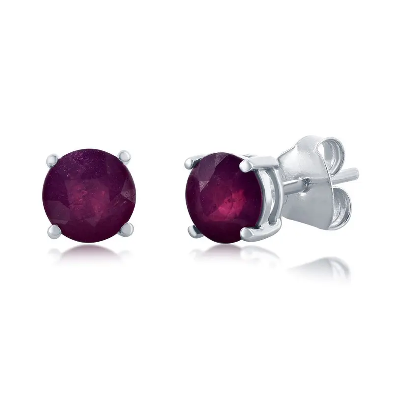 Sterling Silver Four-Prong 6mm Round, 2.7cttw Gemstone Earrings-Glass Filled Ruby