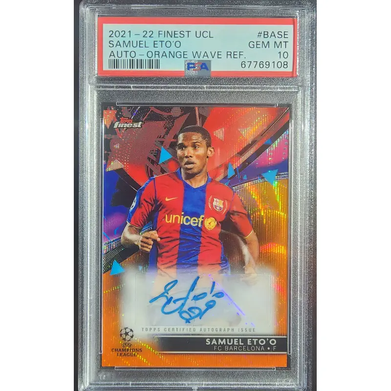 Samuel Eto'o 2021 Finest Champions League Orange Wave Auto #5/25 PSA 10 Gem Mint