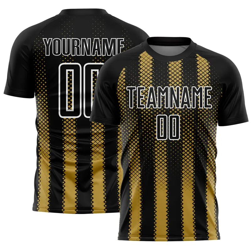 Custom Black Old Gold-White Geometric Shape Sublimation Soccer Uniform Jersey