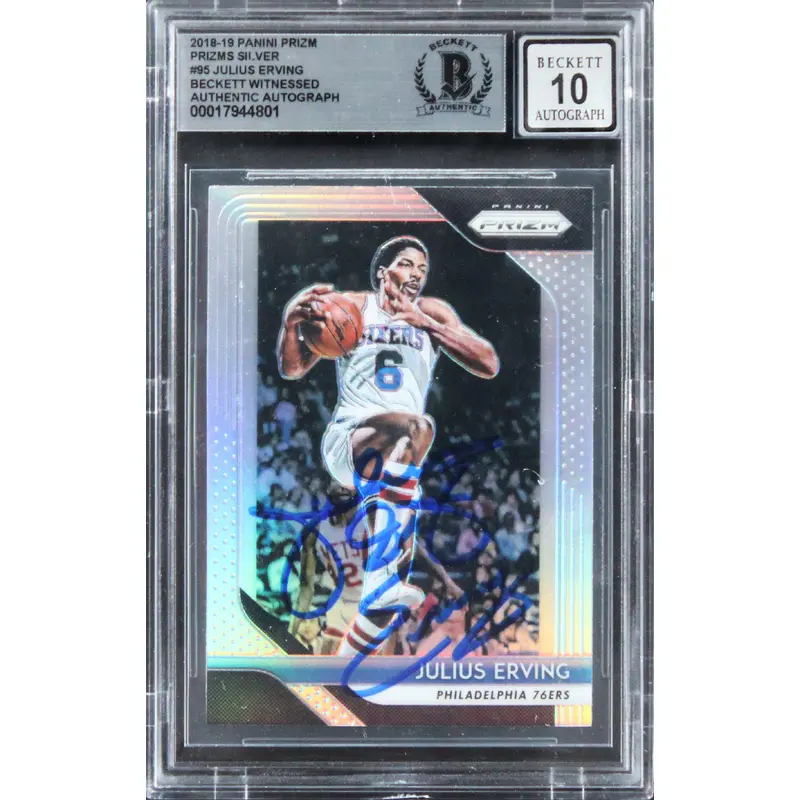 76ers Julius Erving Signed 2018 Panini Prizm Silver #95 Card Auto 10! BAS Slab