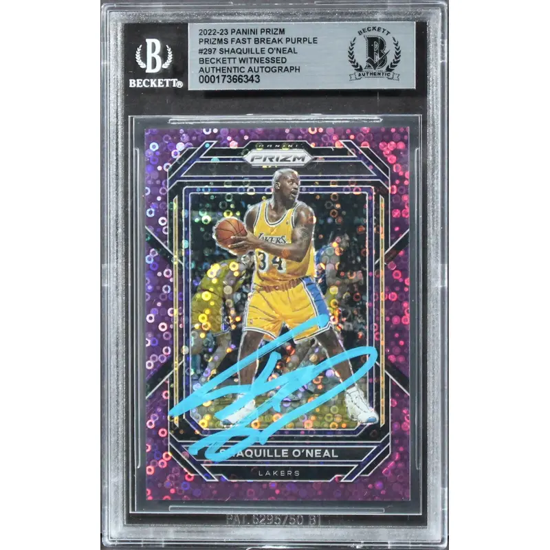 Lakers Shaquille O'Neal Signed 2022 Panini Prizms FB Purple #297 Card BAS Slab