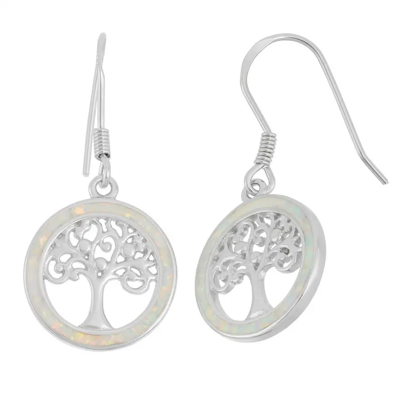 Sterling Silver Round White Inlay Opal with Center Tree of Life Earrings