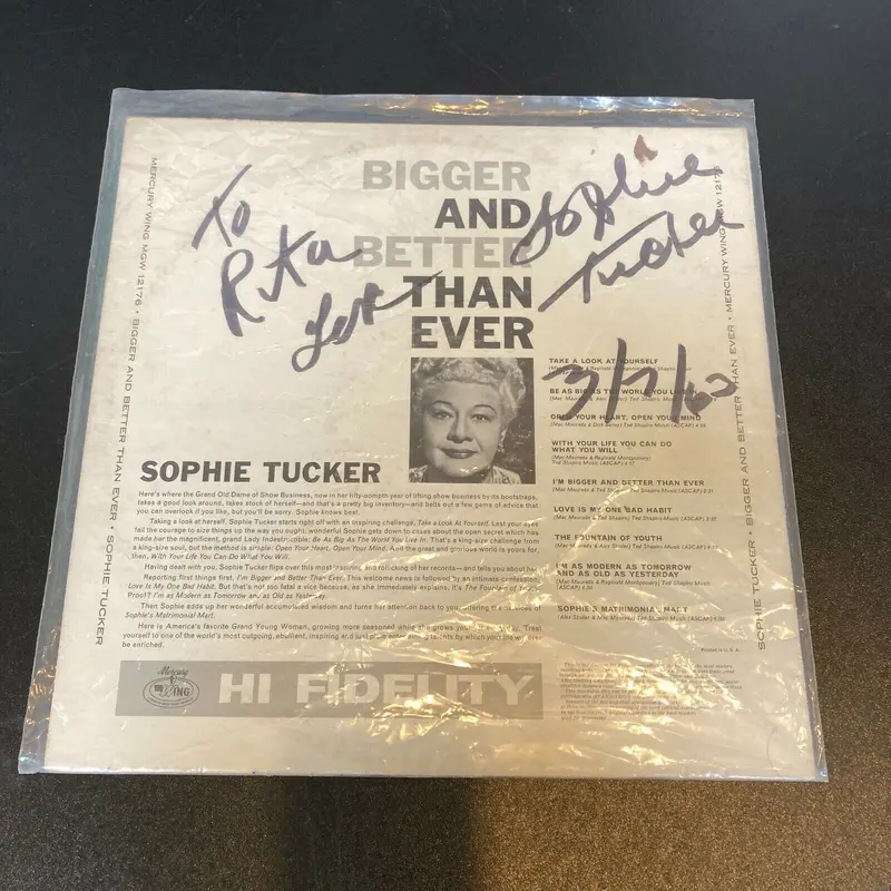 Sophie Tucker Signed Autographed Vintage LP Record