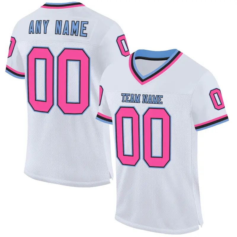 Custom White Pink Black-Light Blue Mesh Authentic Throwback Football Jersey