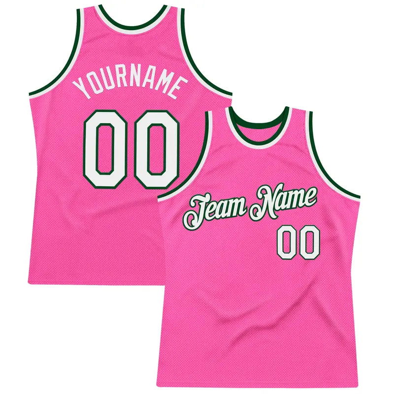 Custom Pink White-Green Authentic Throwback Basketball Jersey