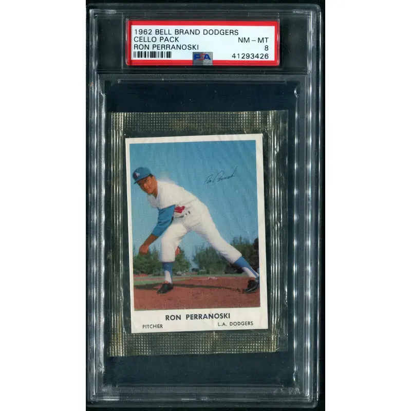 1962 Bell Brand Dodgers Baseball Unopened Cello Pack Ron Perranoski PSA 8