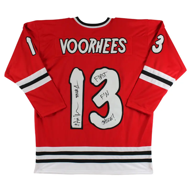 Ari Lehman First F'N Jason Signed Red Jason Voorhees Hockey Jersey BAS #WM00842