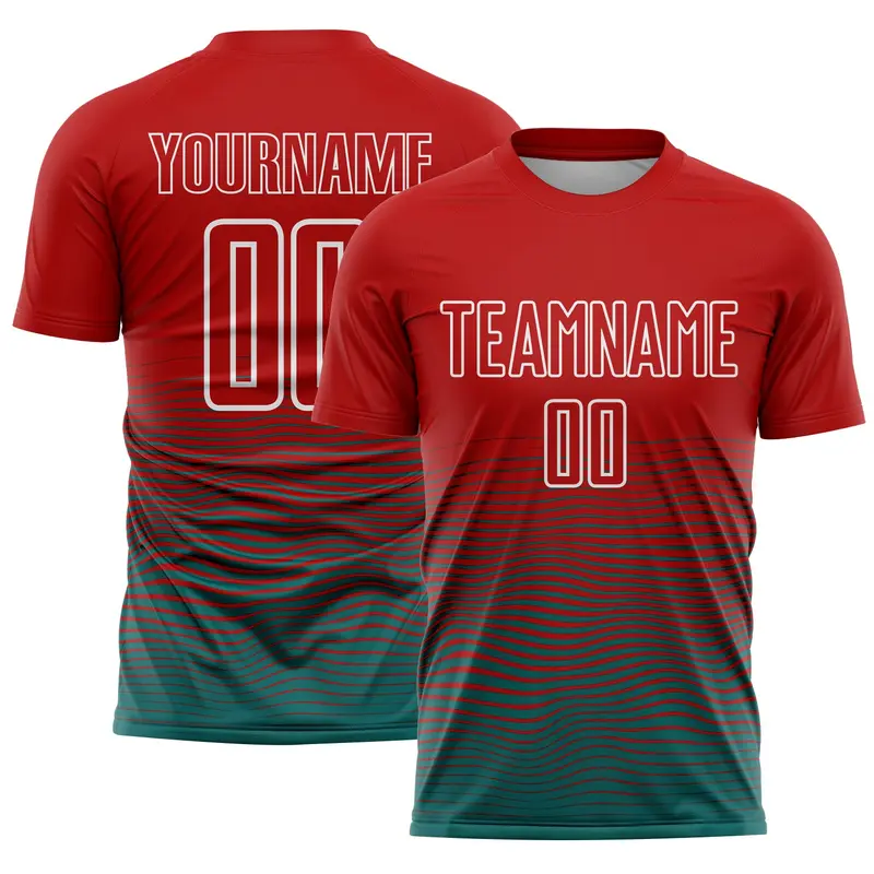 Custom Red Teal-White Gradient Line Sublimation Soccer Uniform Jersey