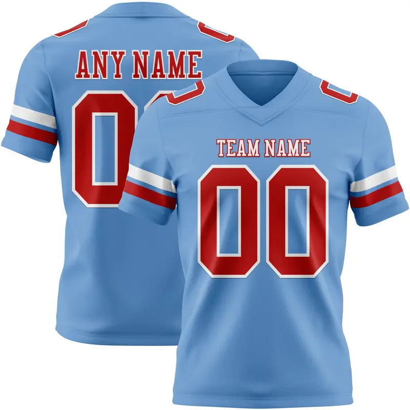 Custom Light Blue Red-White Mesh Authentic Football Jersey