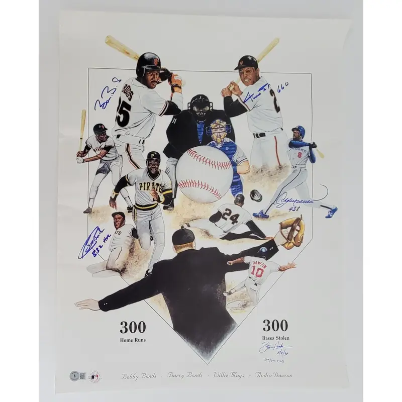 Willie Mays Barry Bonds Bobby Bonds Andre Dawson Signed Large Photo Beckett COA