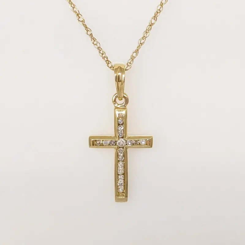 10K DIAMOND ROUND (17) CHANNEL ESTATE CROSS PENDANT & CHAIN 1.5 GRAMS