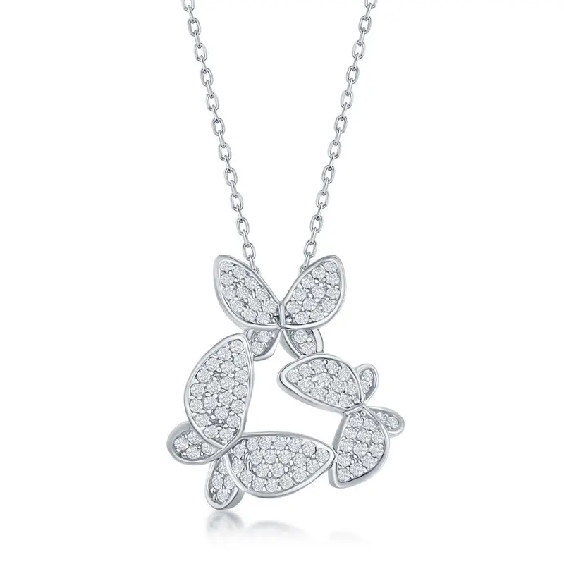 Sterling Silver Micro Pave Multi-Butterfly Necklace