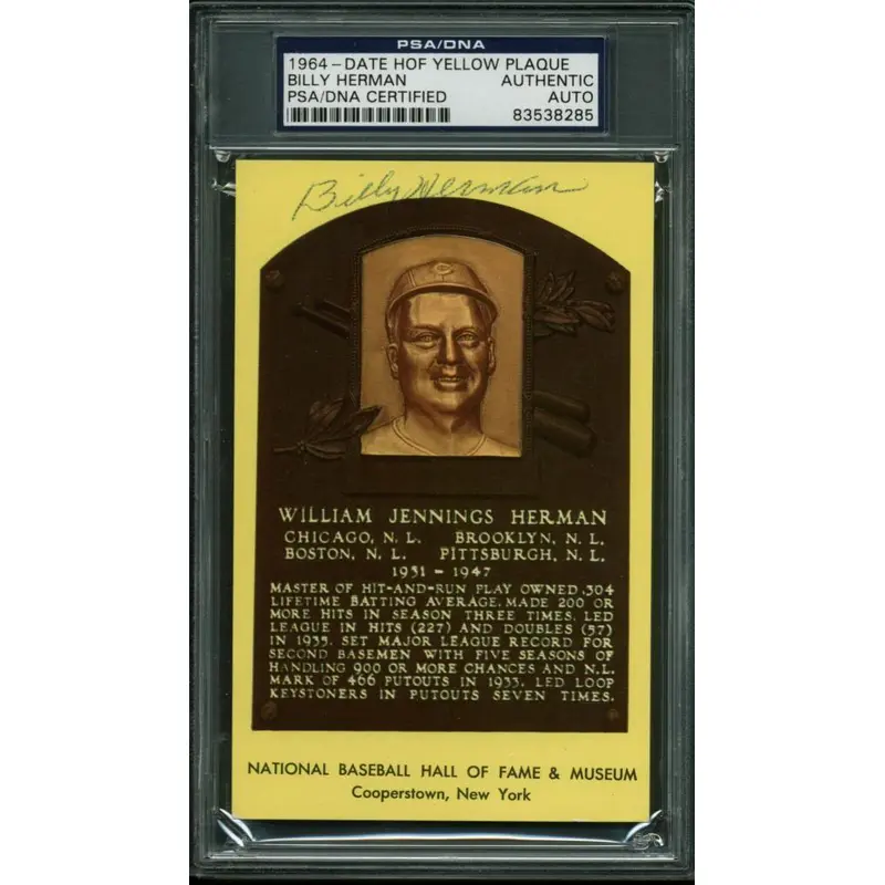 Cubs Billy Herman Authentic Signed HOF Plaque Postcard PSA/DNA Slabbed